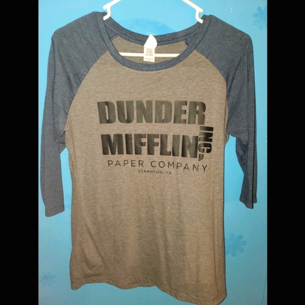 Dunder Mifflin Inc grey and blue baseball t shirt
